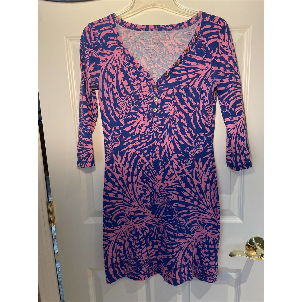 Lilly Pulitzer Erin Pima Cotton Zebra Print Dress Pink Blue V Neck gold XXS